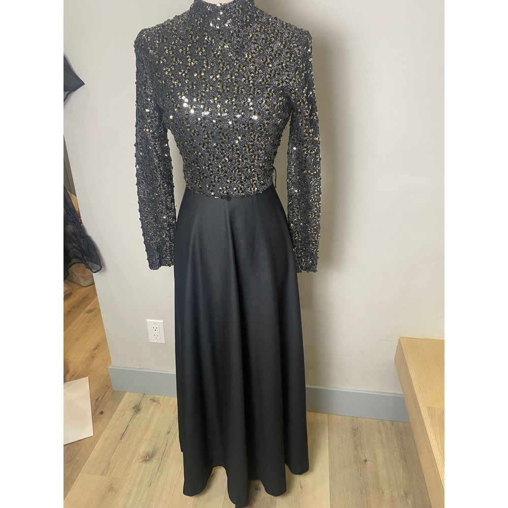 Vintage Act 2 70s Disco Maxi Dress Black Gold Sequin Mock Neck Long Sleeve Gown